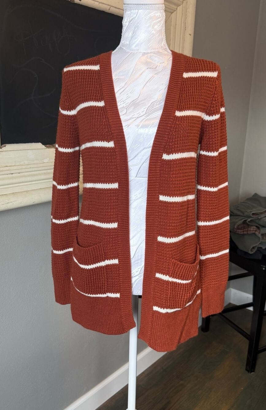 Pink Rose Rust Striped Knit Cardigan Size Small Longline